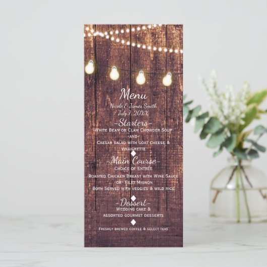 Rustic Wood & String Lights Country Wedding Menu (Staand voorkant)