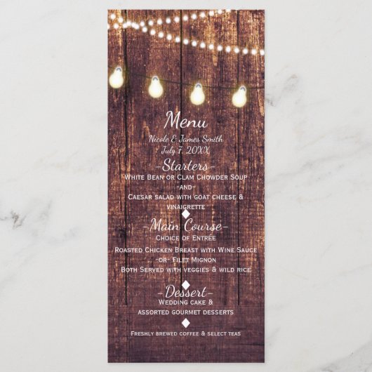 Rustic Wood & String Lights Country Wedding Menu (Voorkant)