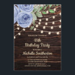 Rustic Wood String Lights Dusty Blue Floral 18th Kaart<br><div class="desc">18e verjaardagsfeestuitnodiging met een roestbruine achtergrond van hout met een donkerbruine schuur,  prachtige periwinkle blue / dusty blue waterverf floral en twinkelende snaarlichten. Neem contact met ons op voor hulp bij het aanpassen of aanpassen van producten.</div>