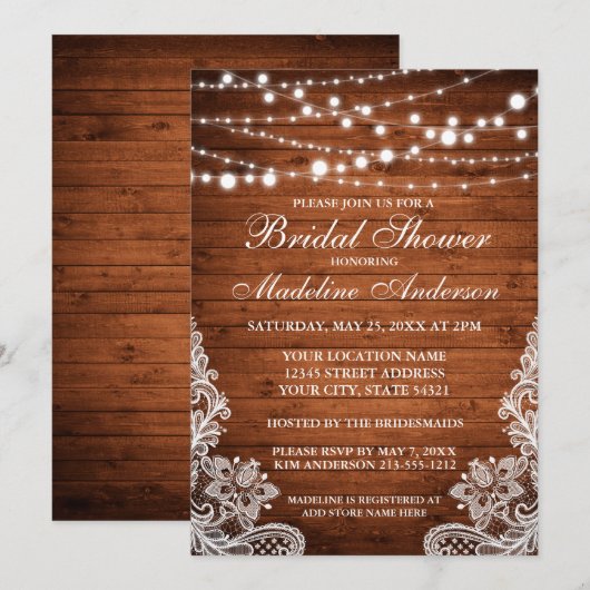 Rustic Wood String Lights en Lace Vrijgezellenfees Kaart (Voorkant / Achterkant)