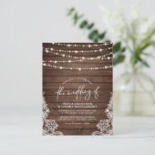 Rustic Wood, String Lights en  Lace Wedding Briefkaart (Staand voorkant)