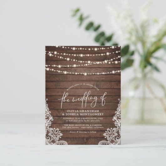 Rustic Wood, String Lights en  Lace Wedding Briefkaart (Staand voorkant)