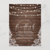 Rustic Wood, String Lights en  Lace Wedding Briefkaart (Voorkant)
