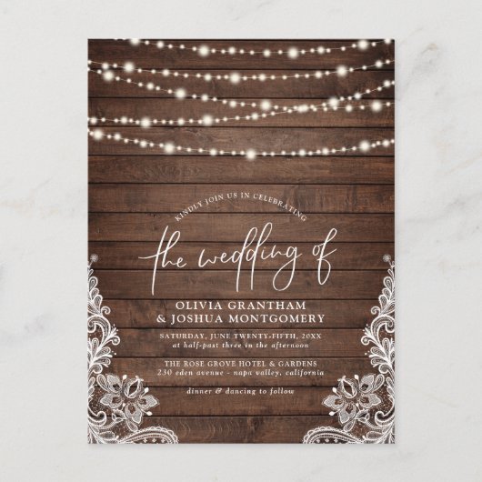 Rustic Wood, String Lights en Lace Wedding Briefkaart (Voorkant)