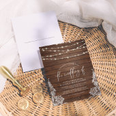 Rustic Wood, String Lights en  Lace Wedding Briefkaart