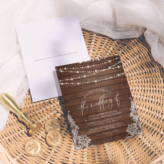 Rustic Wood, String Lights en  Lace Wedding Briefkaart