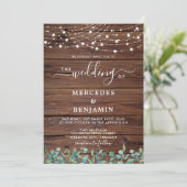 Rustic Wood String Lights Eucalyptus QR Weddenscha Kaart (Staand voorkant)