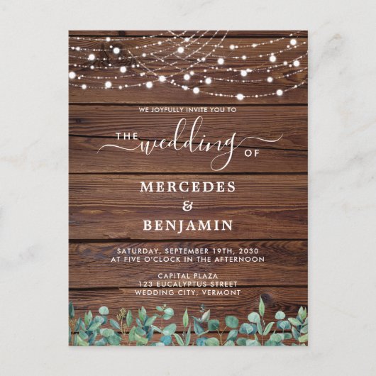 Rustic Wood String Lights Eucalyptus Wedding Invit Briefkaart (Voorkant)