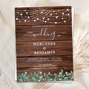 Rustic Wood String Lights Eucalyptus Wedding Invit Briefkaart