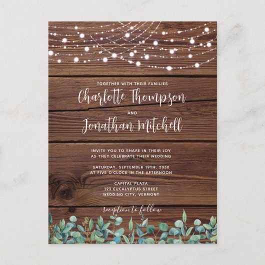Rustic Wood String Lights Eucalyptus Wedding Invit Uitnodiging Briefkaart (Voorkant)