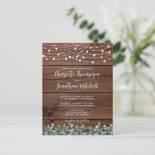 Rustic Wood String Lights Eucalyptus Wedding Invit Uitnodiging Briefkaart (Staand voorkant)