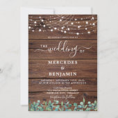 Rustic Wood String Lights Eucalyptus Wedding Kaart (Voorkant)