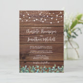 Rustic Wood String Lights Eucalyptus Wedding Kaart (Staand voorkant)