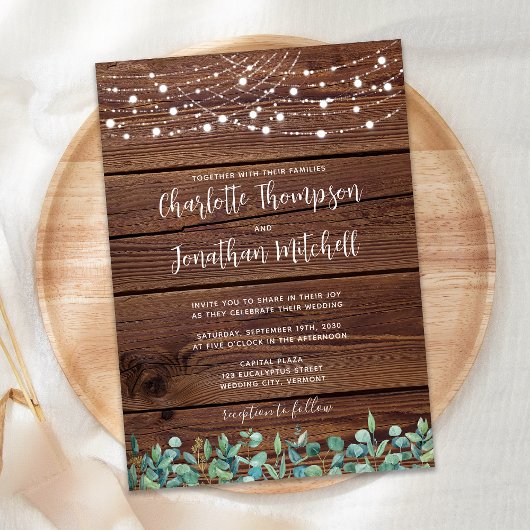 Rustic Wood String Lights Eucalyptus Wedding Kaart
