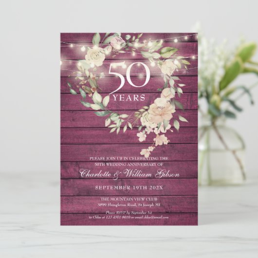 Rustic Wood String Lights Floral 50th Jubileum Kaart (Staand voorkant)