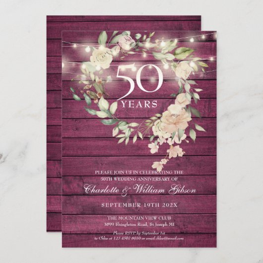 Rustic Wood String Lights Floral 50th Jubileum Kaart (Voorkant / Achterkant)