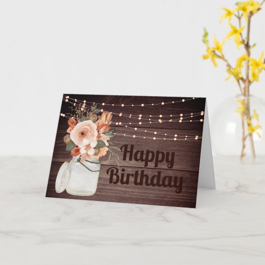 Rustic Wood String Lights Floral Birthday Kaart (Gele Bloem)