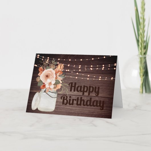 Rustic Wood String Lights Floral Birthday Kaart (Voorkant)