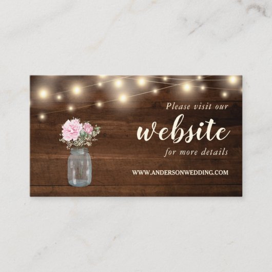 Rustic Wood String Lights Floral Mason Jar Informatiekaartje (Voorkant)