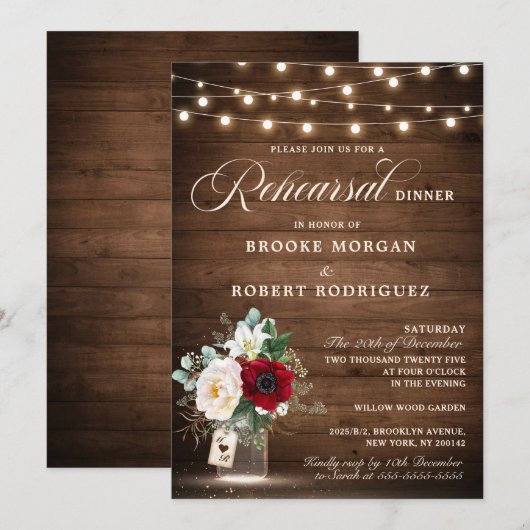 Rustic Wood String Lights Floral Rehearsal Dinner Kaart (Voorkant / Achterkant)