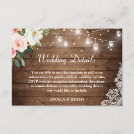 Rustic Wood String Lights Floral Wedding Details Informatiekaartje
