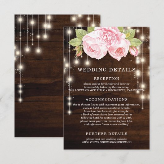 Rustic Wood String Lights Floral Wedding Details Kaart (Voorkant / Achterkant)
