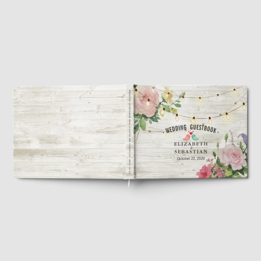Rustic Wood String Lights Floral Wedding Guestbook Gastenboek (Volledig)