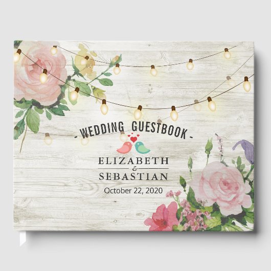 Rustic Wood String Lights Floral Wedding Guestbook Gastenboek (Voorkant)