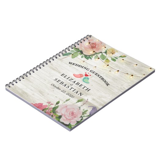 Rustic Wood String Lights Floral Wedding Guestbook Notitieboek (Linkerzijde)