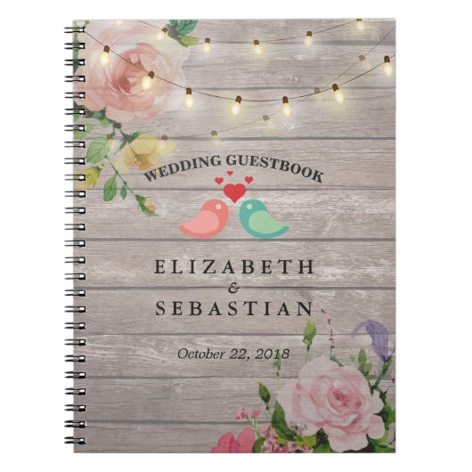 Rustic Wood String Lights Floral Wedding Guestbook Notitieboek (Voorkant)