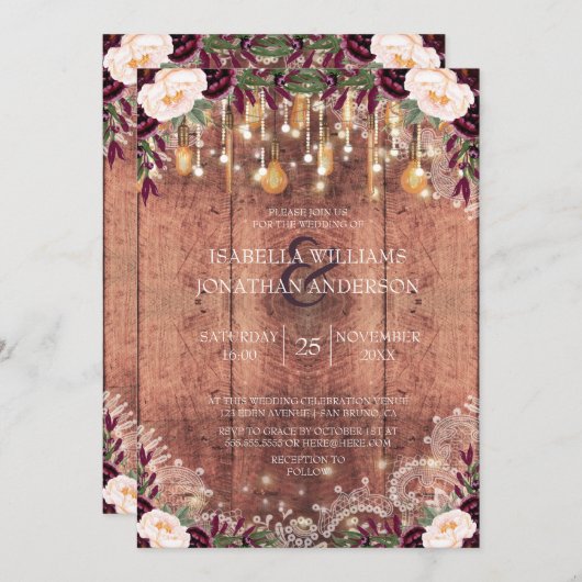 Rustic Wood & String Lights Floral Wedding Kaart (Voorkant / Achterkant)
