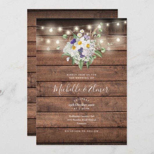 Rustic Wood String Lights Floral Wedding Kaart (Voorkant / Achterkant)