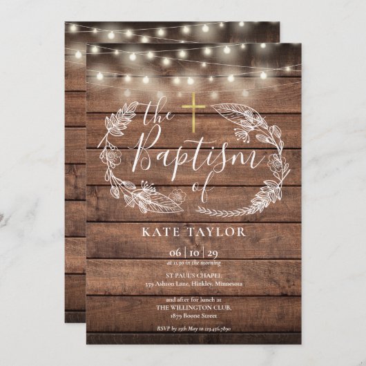 Rustic Wood String Lights Foliage Baptisme Kaart (Voorkant / Achterkant)