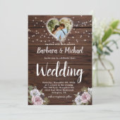 Rustic Wood String Lights Foto Floral Wedding Kaart (Staand voorkant)