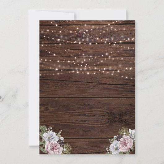 Rustic Wood String Lights Foto Floral Wedding Kaart (Achterkant)