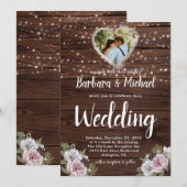 Rustic Wood String Lights Foto Floral Wedding Kaart (Voorkant / Achterkant)