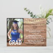 Rustic Wood & String Lights Foto Graduparty Kaart (Staand voorkant)