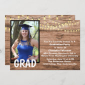 Rustic Wood & String Lights Foto Graduparty Kaart (Voorkant / Achterkant)