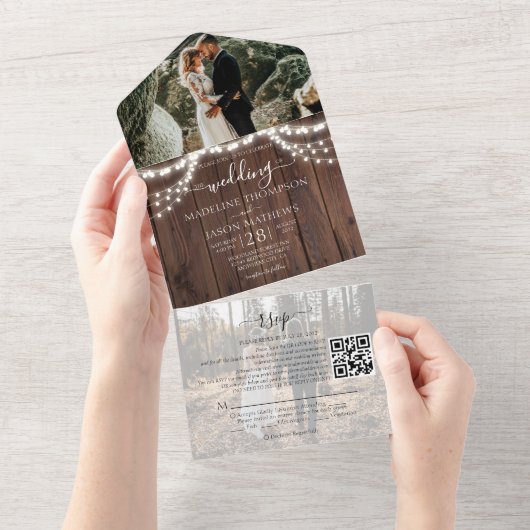 Rustic Wood String Lights Foto QR Code Weddenschap All In One Uitnodiging (Afscheurbaar)
