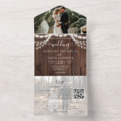 Rustic Wood String Lights Foto QR Code Weddenschap All In One Uitnodiging (Binnen)