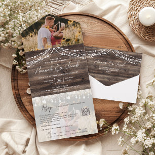 Rustic Wood String Lights Foto QR Code Weddenschap All In One Uitnodiging