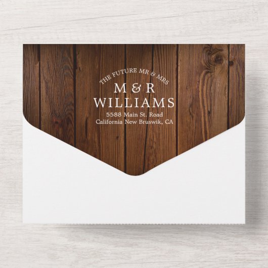 Rustic Wood String Lights Foto QR Code Weddenschap All In One Uitnodiging (Achterkant)