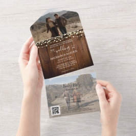 Rustic Wood String Lights Foto QR Code Weddenschap All In One Uitnodiging
