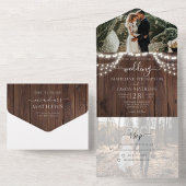 Rustic Wood String Lights Foto RSVP Wedding All In One Uitnodiging