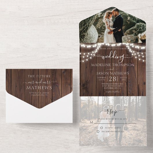Rustic Wood String Lights Foto RSVP Wedding All In One Uitnodiging