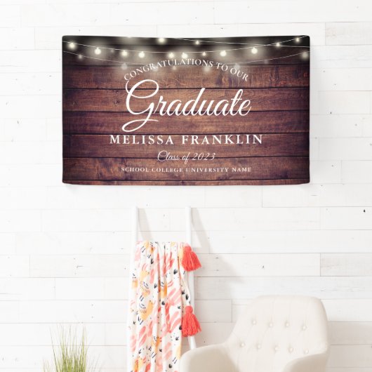 Rustic Wood String Lights Graduation Party Spandoek (Insitu)