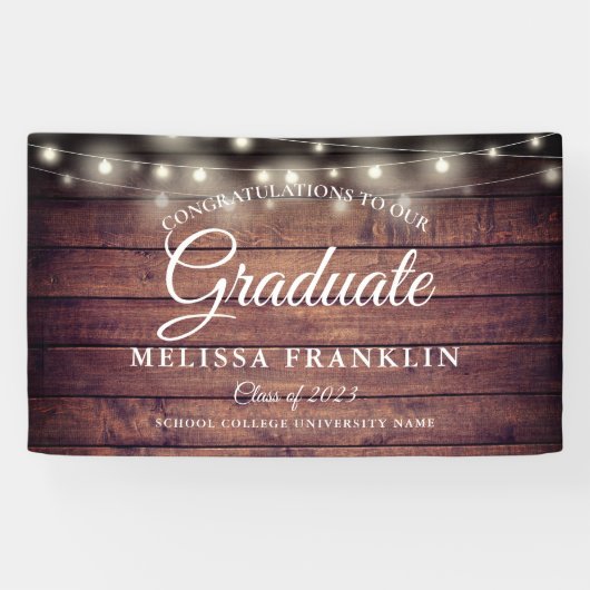 Rustic Wood String Lights Graduation Party Spandoek (Horizontaal)