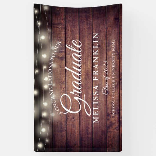 Rustic Wood String Lights Graduation Party Spandoek (Verticaal)