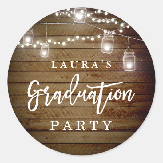 Rustic Wood String Lights Graduation Party Sticker (Voorkant)