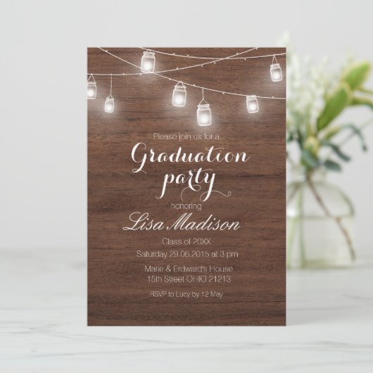 Rustic Wood String Lights Graduparty-kaart Kaart (Staand voorkant)